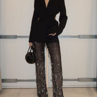 ZARA WOMAN NWT SEMI-SHEER FRINGED SEQUIN LEGGINGS BLACK / SILVER | 9860/223